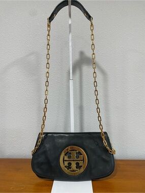 Black Leather Shoulder Bag with Gold Logo Chain